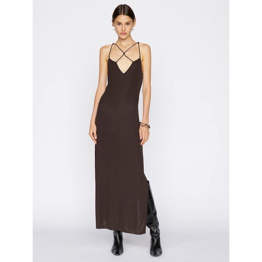 $298 Frame Women's Brown Delicate Knot V-Neck Maxi Dress Size L